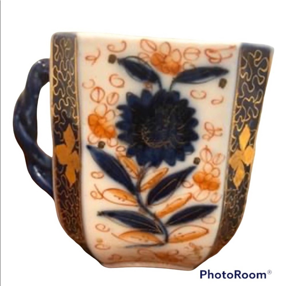 Antique Japanese tea cup hand painted octagon Rare Ornate Gold Accent